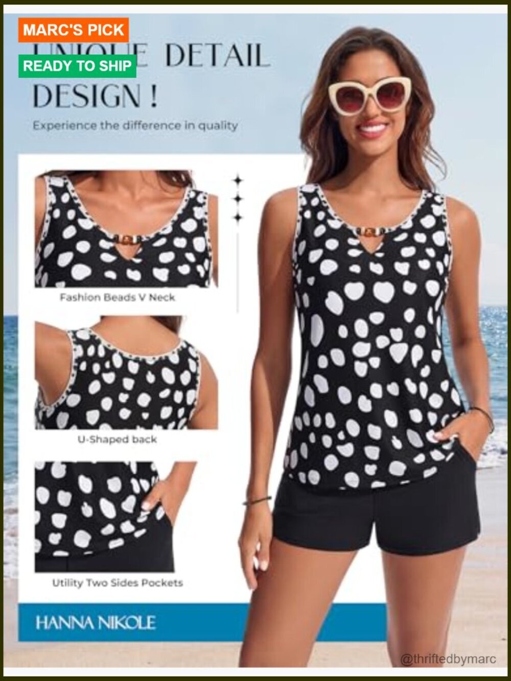 Two Piece Tankini Swimsuit with Beads, Sporty Swim Shorts Pockets, Modest - Picture 3 of 7